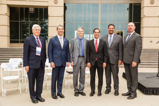 Opening Ceremony Speakers Tim Quigley, Ron Nirenberg, Bob LeGare, Julian Castro, Roger-Mark De Souza, and Kevin Voelkel